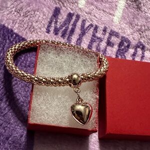 Elegant Rose Goldtone Heart Charm Stretch Bracelet with red gift box